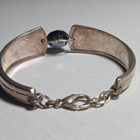 Vintage Spoon Handle Bracelet Hematite Bead Floral Detail - Picture 5 of 9